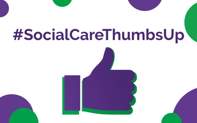 Image shows a purple thumbs up with #socialcarethumbsup written above with a number of green and purple circles across the image.