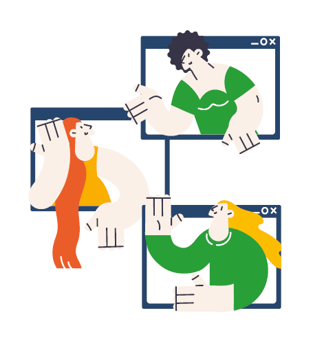 three cartoon computer screens with three cartoon people waving at each other