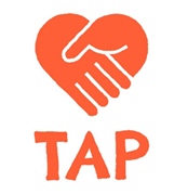 TAP logo, TAP written in orange with two hands making a orange heart. 