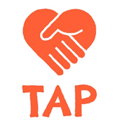 TAP logo, TAP written in orange with two hands making a orange heart.